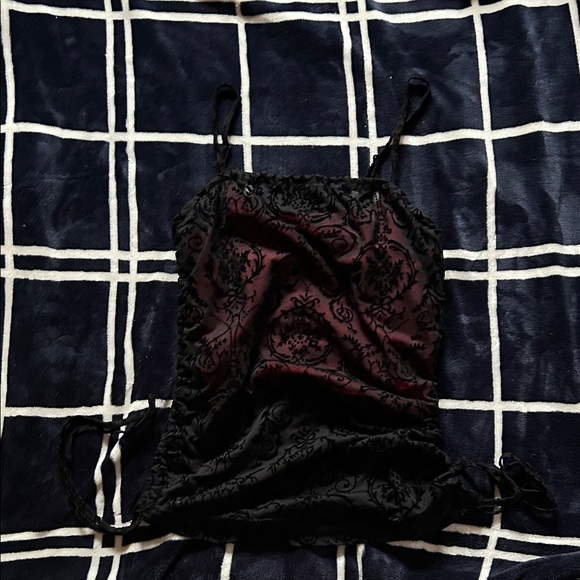 Tops - Black and Deep Burgundy Satin Floral Velvet Cami